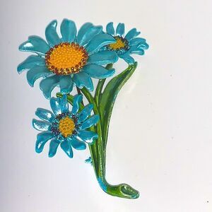 Vintage blue metallic enamel floral brooch pin- mid century
